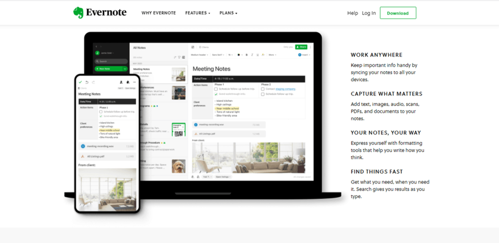 Evernote homepage