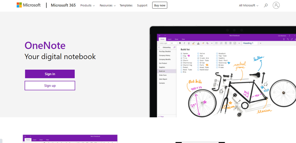 OneNote homepage