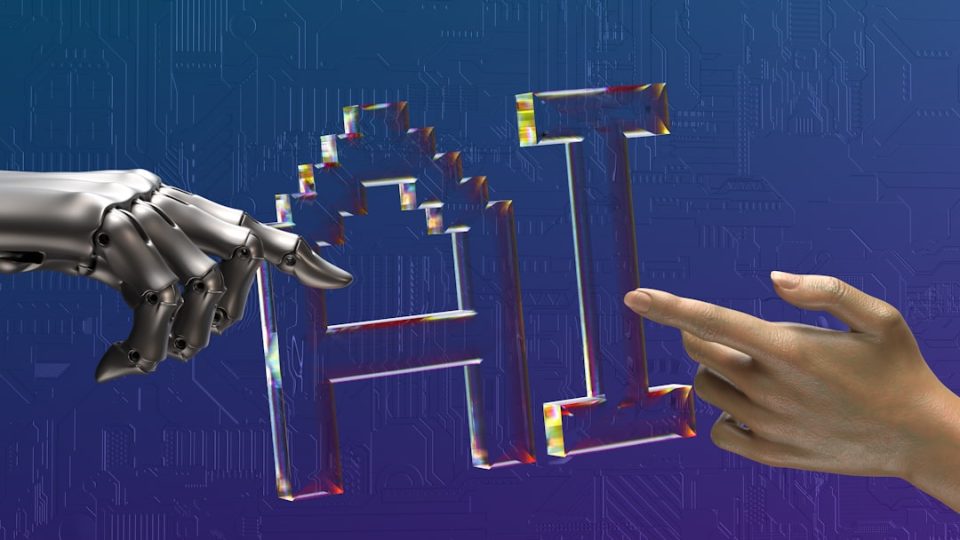 two hands touching each other in front of a blue background artificial intelligence business
