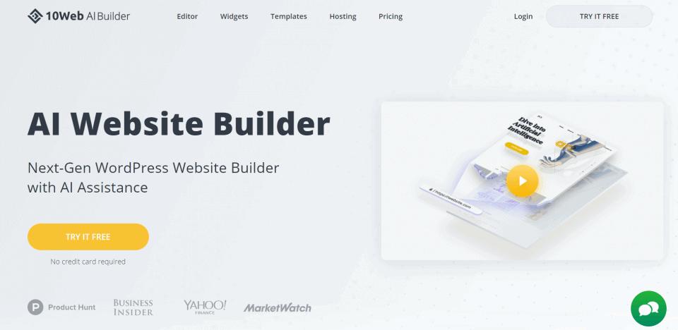 Ten AI Website Builder homepage