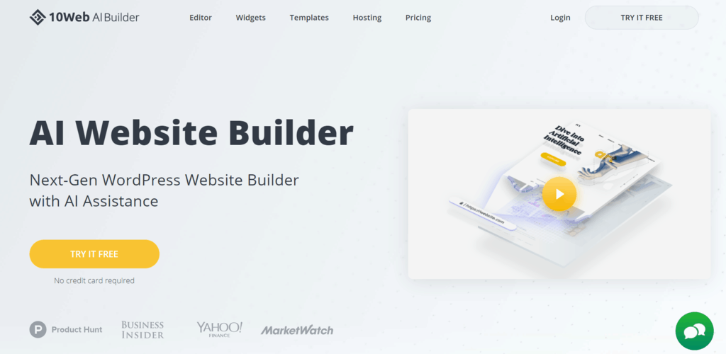 Ten AI Website Builder homepage