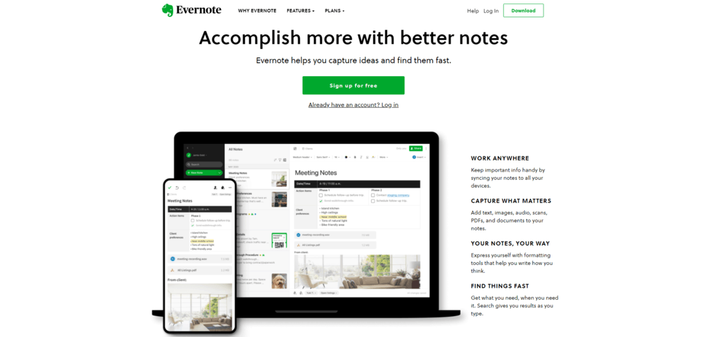 Evernote homepage