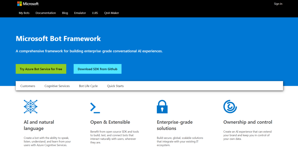 Microsoft Bot Framework homepage