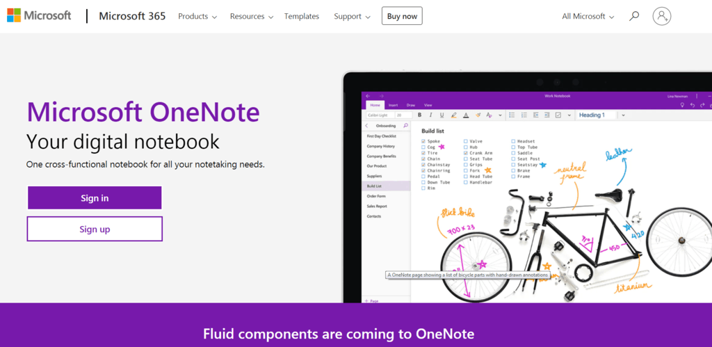 Microsoft OneNote homepage