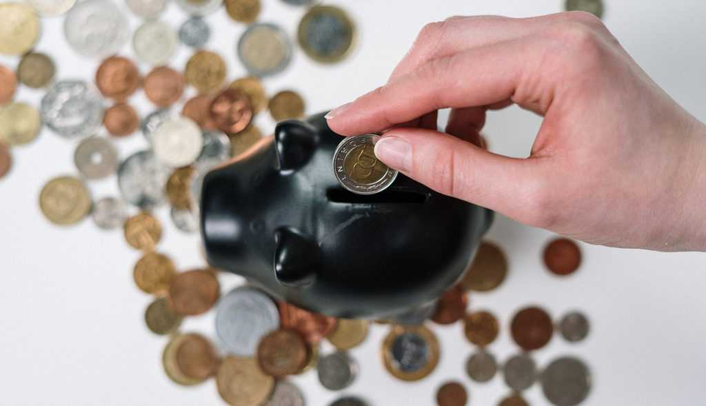 Person putting coin in a piggy bank