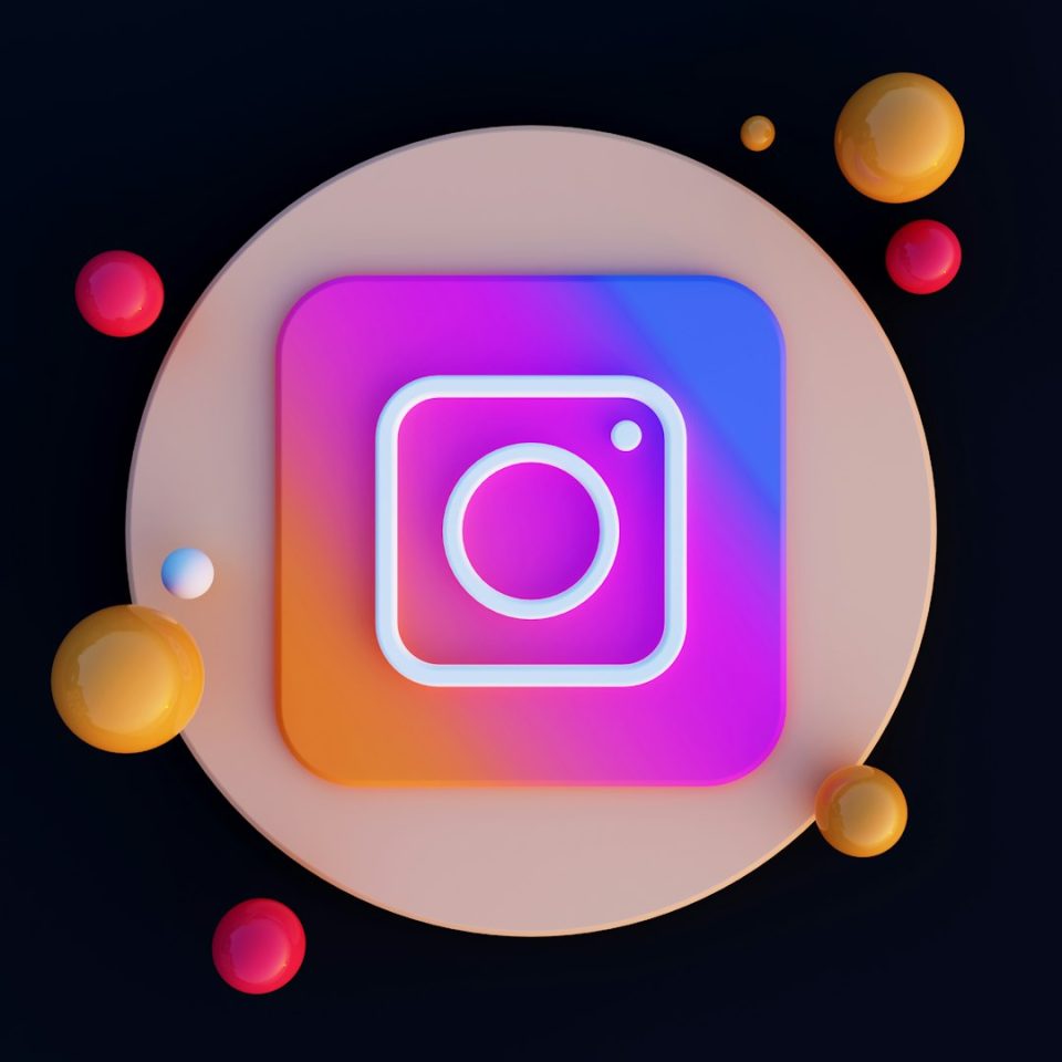an instagram icon surrounded by bubbles and balls colorful instagram carousel template, social media graphics editor, creative design tool dashboard