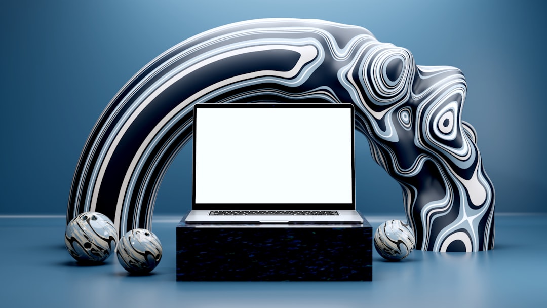 Laptop on pedestal with abstract sculptures and spherical art modern design dashboard, branding templates, creative software interface
