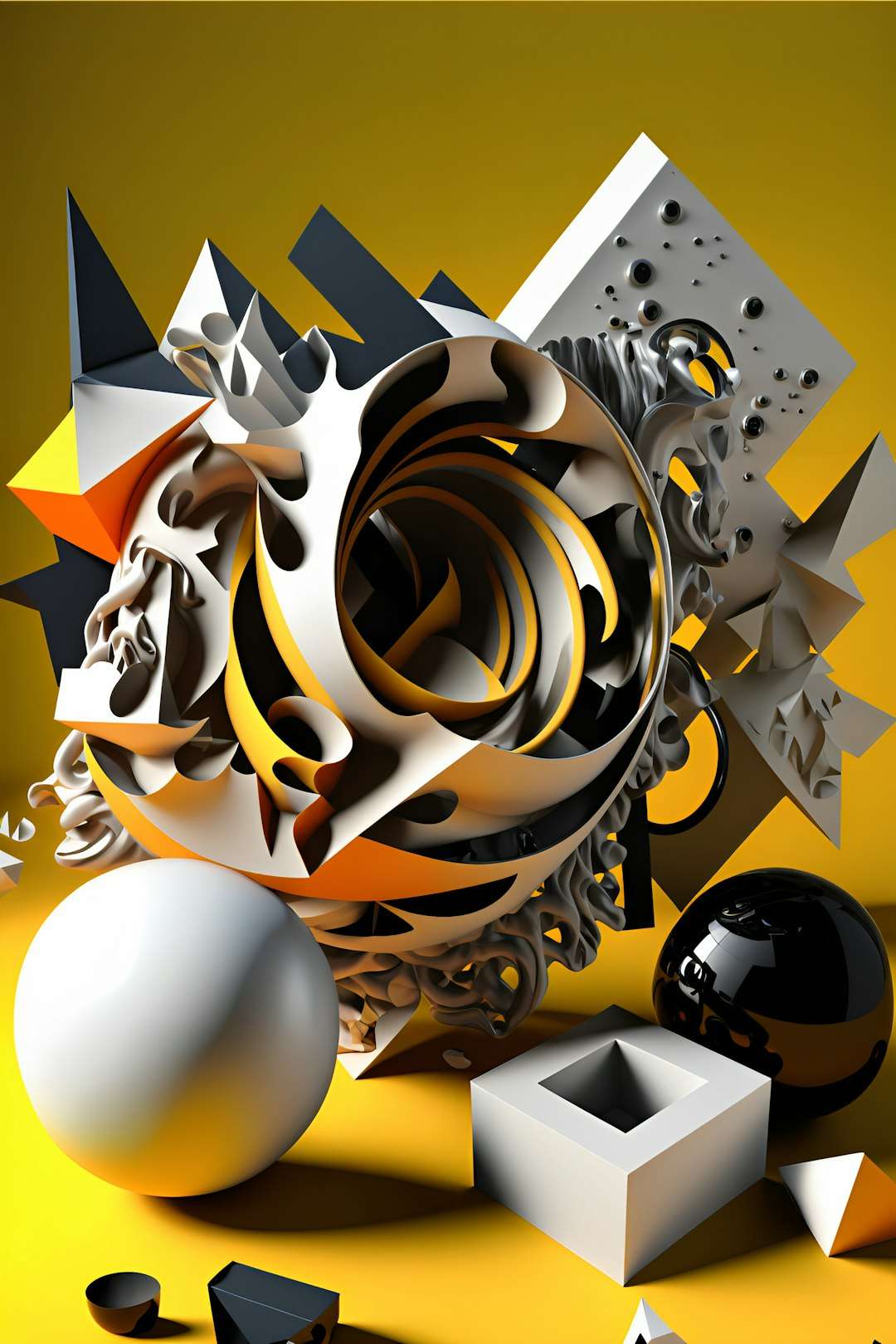 a bunch of different shapes and sizes on a yellow background abstract concept, imagination, future thinking