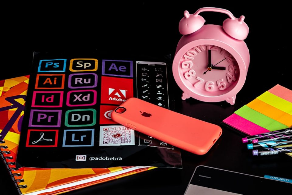 pink and white desk clock colorful business card mockup creative design desk