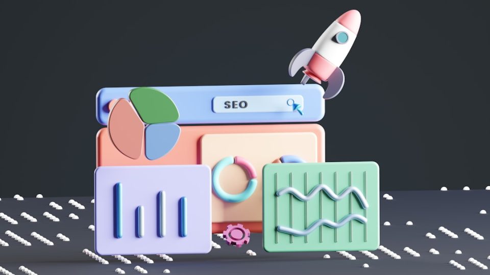 a computer screen with a rocket on top of it content marketing team, seo analytics dashboard, editorial workflow