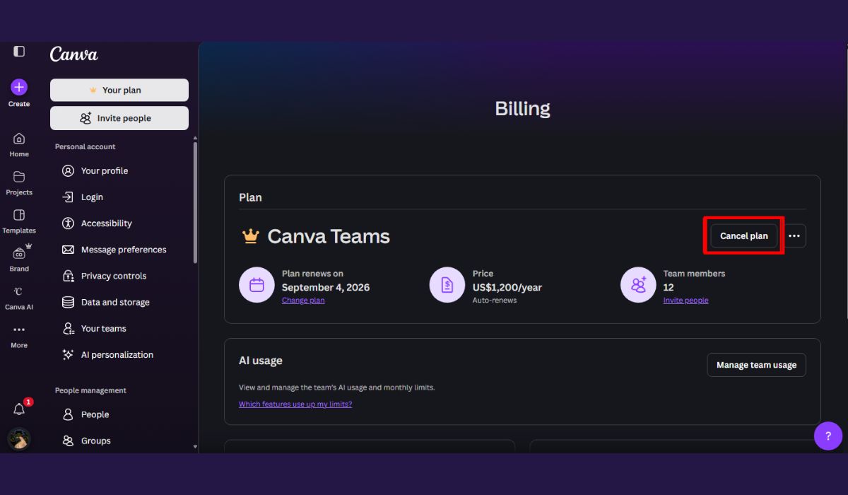Cancel Canva subscription from the Canva website