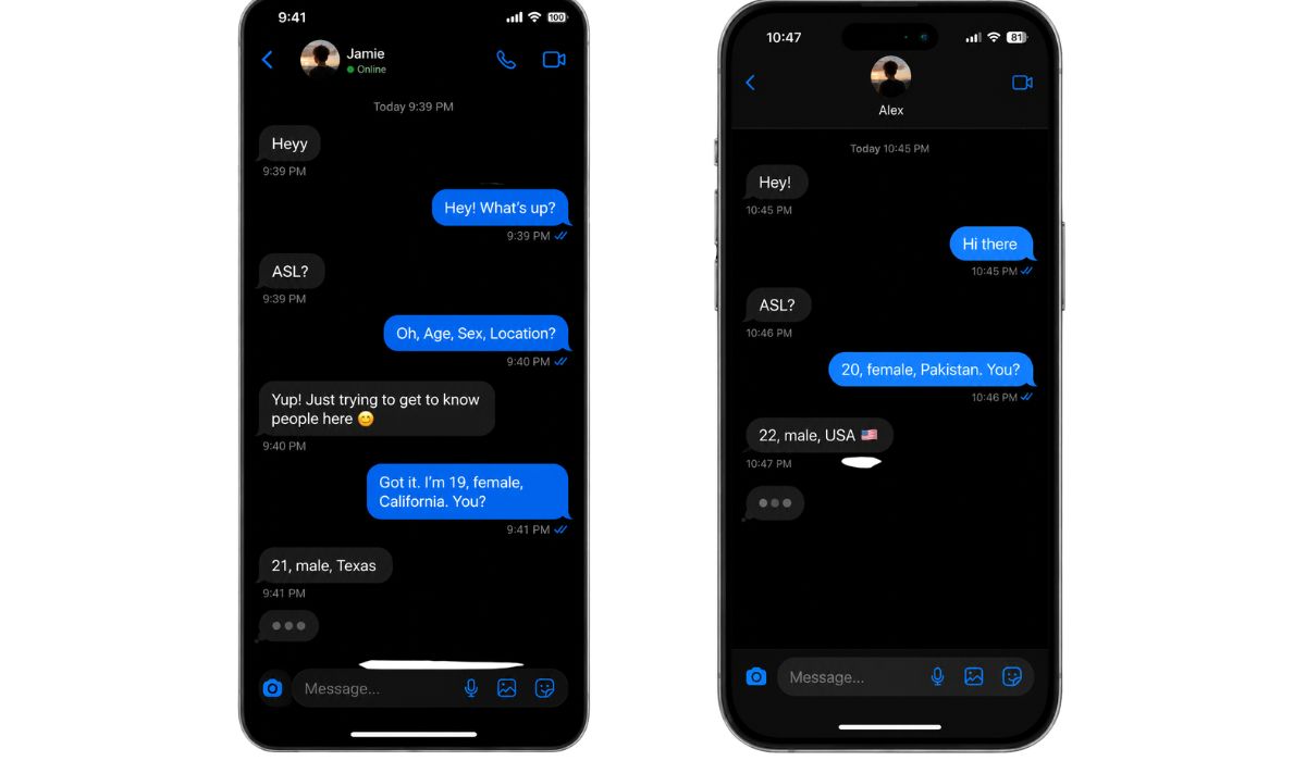 Two smartphone chat screenshots explaining the meaning of ASL in text messages as Age, Sex, and Location in casual online chats