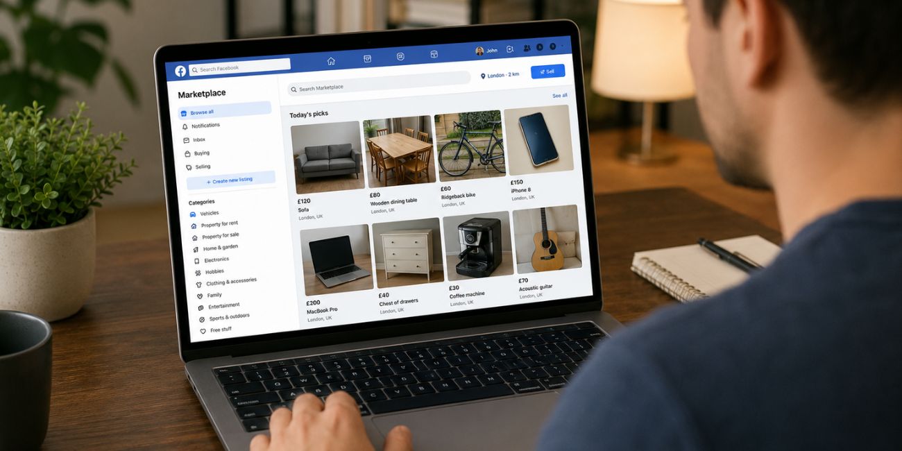 A image showign that a man is using the Facebook Marketplace on his laptop