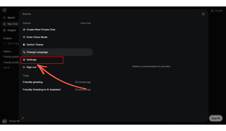 Click Settings from the actions list.